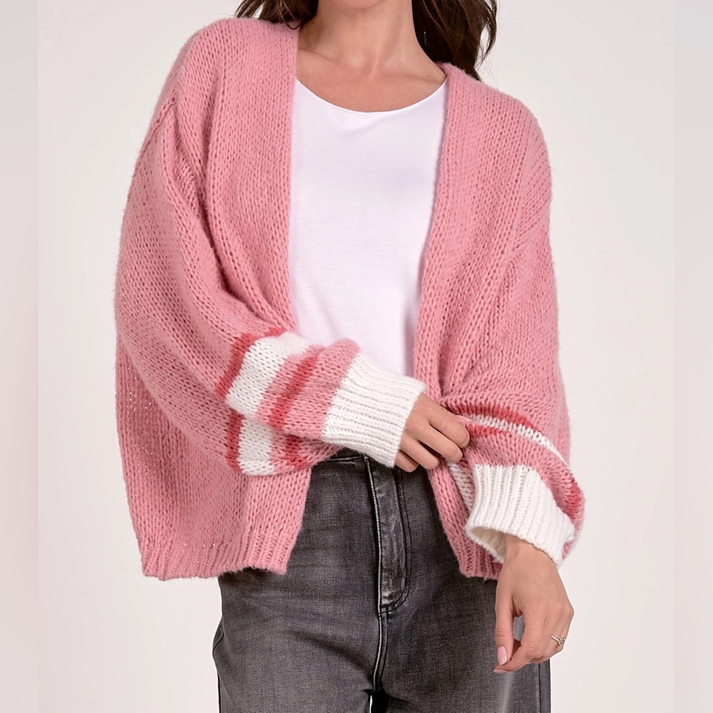 ELAN OPEN FRONT BUBBLE
SLEEVE LOOSE & SOFT KNIT CARDIGAN PINK XS